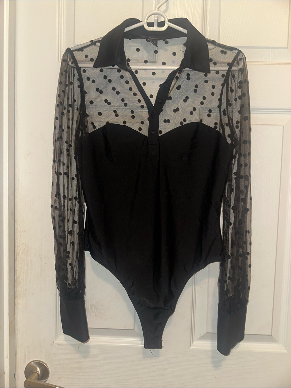 Forever 21 Black Polka Dot Mesh Long-Sleeve Bodysuit